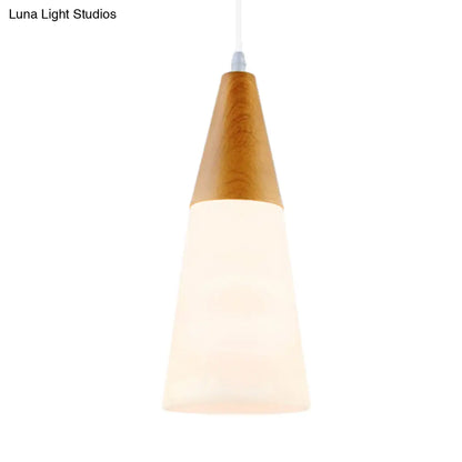 Natural Wood Cone Milk Glass Suspension Pendant Light - Modern 1-Light Fixture (5"/7.5"/10.5" Wide)