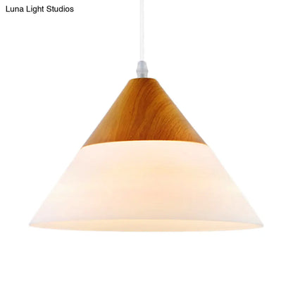 Natural Wood Cone Milk Glass Suspension Pendant Light - Modern 1-Light Fixture (5"/7.5"/10.5" Wide)