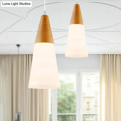 Natural Wood Cone Milk Glass Suspension Pendant Light - Modern 1-Light Fixture (5"/7.5"/10.5" Wide)