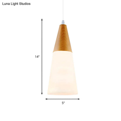 Natural Wood Cone Milk Glass Suspension Pendant Light - Modern 1-Light Fixture (5"/7.5"/10.5" Wide)