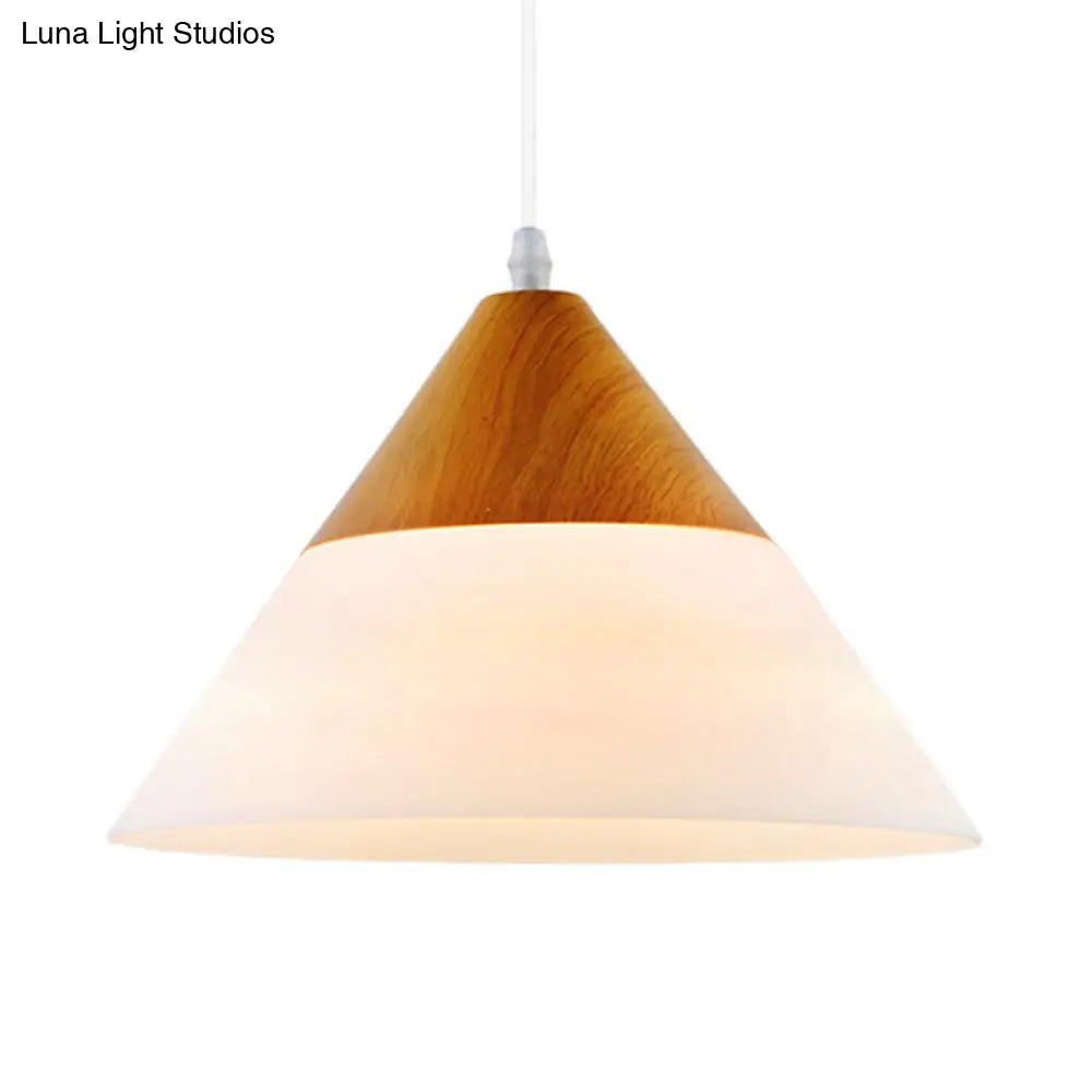 Natural Wood Cone Milk Glass Suspension Pendant Light - Modern 1-Light Fixture (5"/7.5"/10.5" Wide)