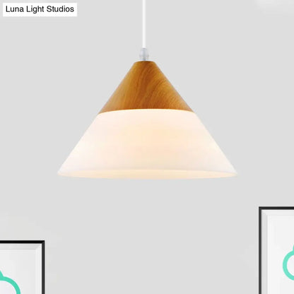 Natural Wood Cone Milk Glass Suspension Pendant Light - Modern 1-Light Fixture (5"/7.5"/10.5" Wide)