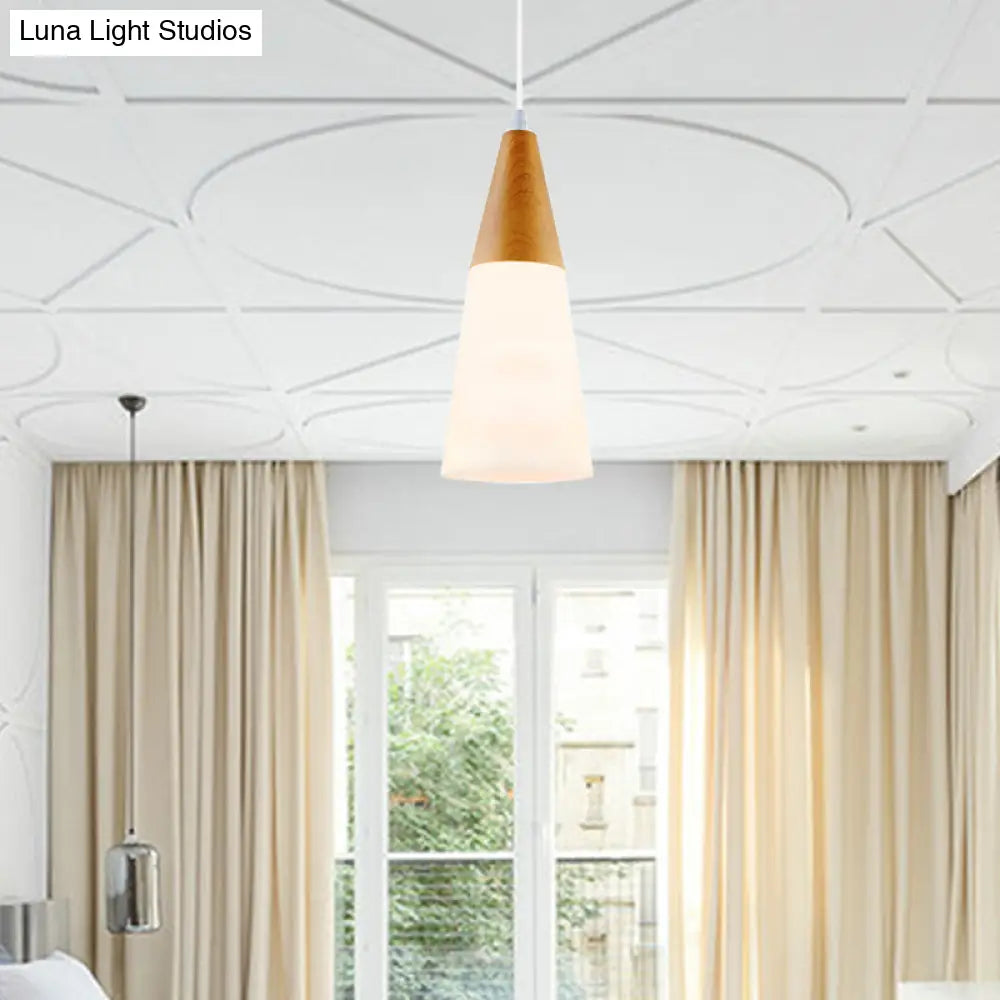 Natural Wood Cone Milk Glass Suspension Pendant Light - Modern 1-Light Fixture (5"/7.5"/10.5" Wide)