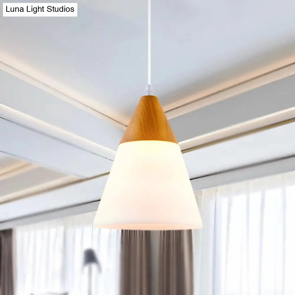 Natural Wood Cone Milk Glass Suspension Pendant Light - Modern 1-Light Fixture (5"/7.5"/10.5" Wide)