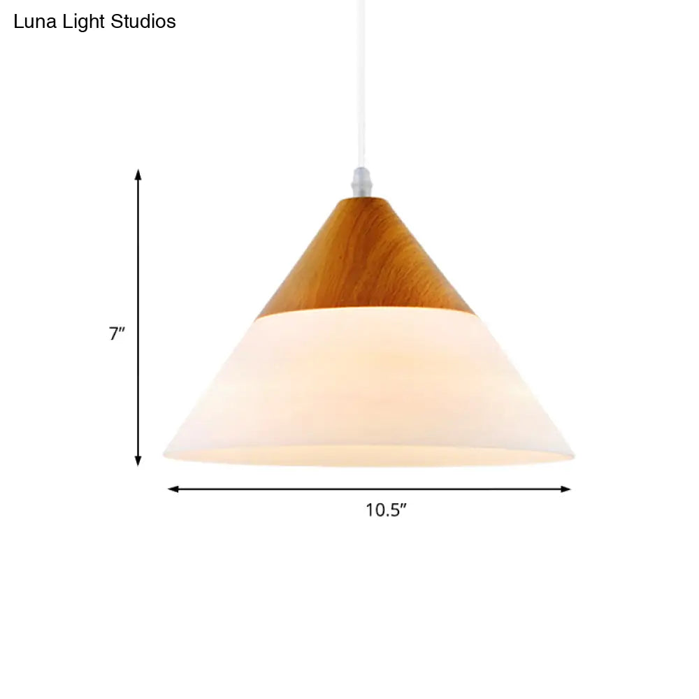 Natural Wood Cone Milk Glass Suspension Pendant Light - Modern 1-Light Fixture (5"/7.5"/10.5" Wide)