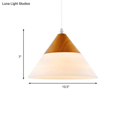 Natural Wood Cone Milk Glass Suspension Pendant Light - Modern 1-Light Fixture (5"/7.5"/10.5" Wide)