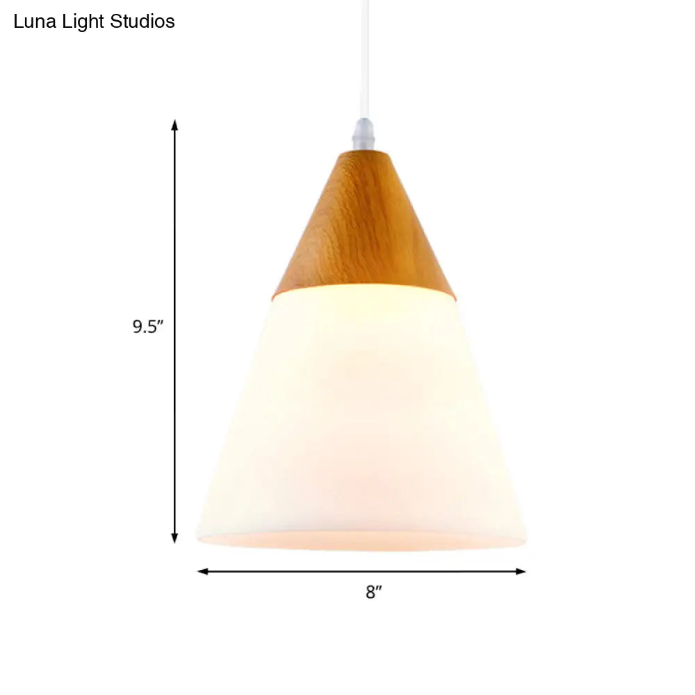 Natural Wood Cone Milk Glass Suspension Pendant Light - Modern 1-Light Fixture (5"/7.5"/10.5" Wide)