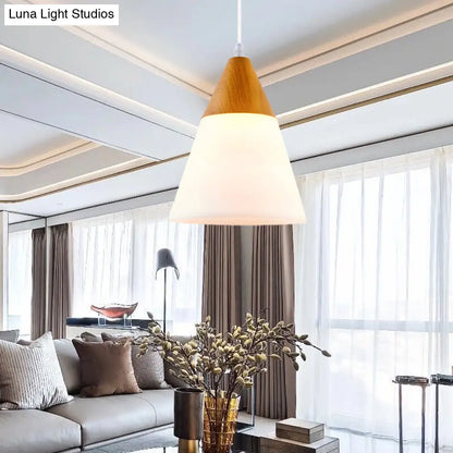 Natural Wood Cone Milk Glass Suspension Pendant Light - Modern 1-Light Fixture (5"/7.5"/10.5" Wide)