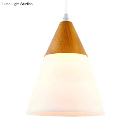 Natural Wood Cone Milk Glass Suspension Pendant Light - Modern 1-Light Fixture (5"/7.5"/10.5" Wide)