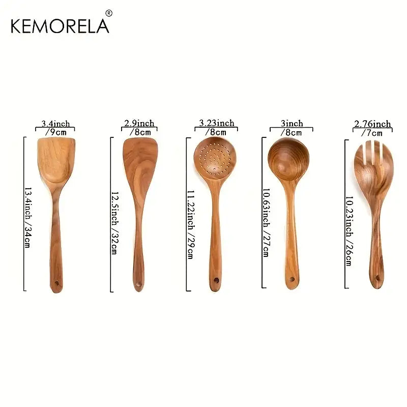 Set of five natural wooden tableware utensils by kemorela featuring polished spatula spoon fork and slotted spoon
