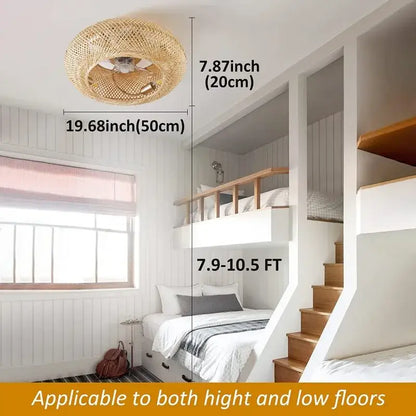 Natural woven bamboo ceiling fan with rattan cage light featuring a textured finish for bedroom decorbites bamboo ceiling fan