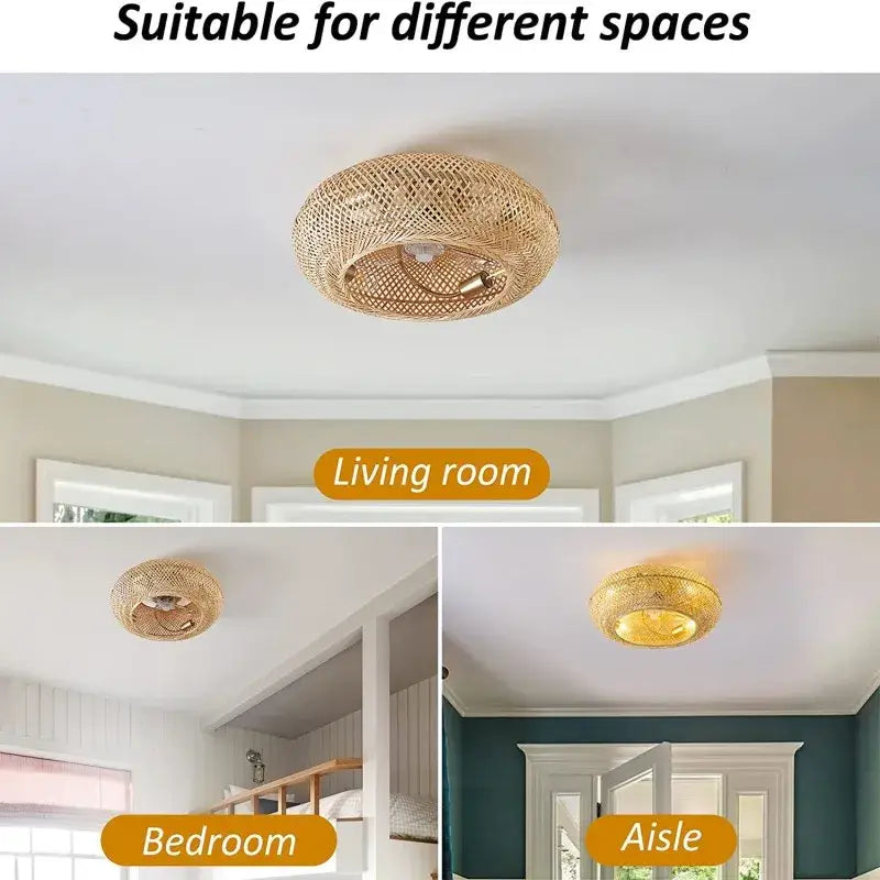 Natural woven bamboo ceiling fan with rattan cage light featuring earthy tones and intricate lattice decorbites bamboo ceiling design