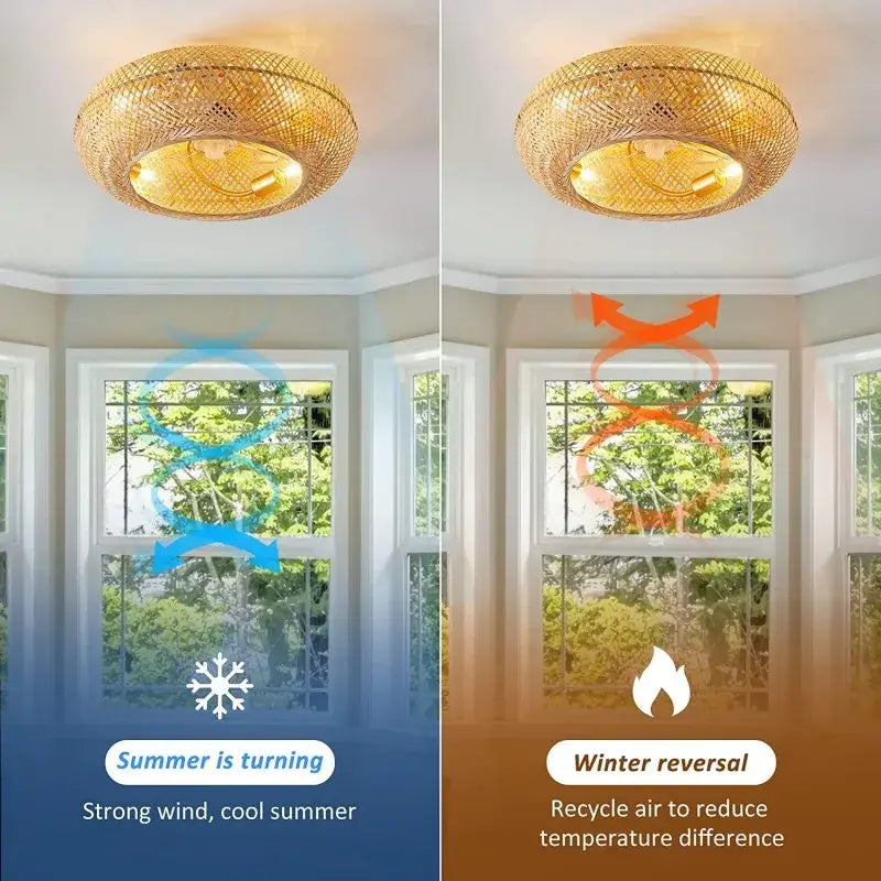 Natural woven golden bamboo ceiling fan with rattan cage light fixture for bedroom decorbites bamboo ceiling fan