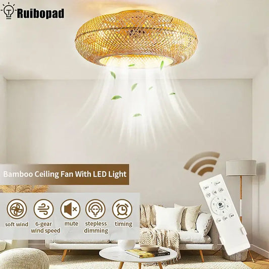Natural woven bamboo ceiling fan with rattan cage light and warm golden glow perfect for bedroom decorbites bamboo ceiling fan