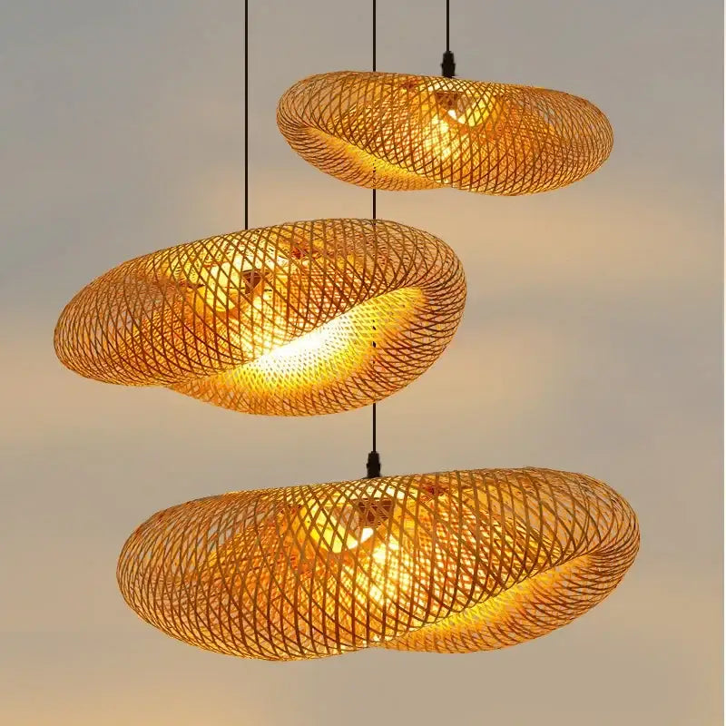Three golden-brown woven bamboo pendant lights by decorbites for natural dining room chandelier decorbites bamboo pendant