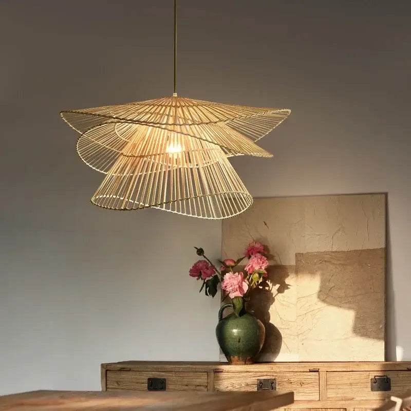 Natural woven bamboo rattan pendant light with tiered golden brown fan design for dining room decorbites bamboo rattan pendant