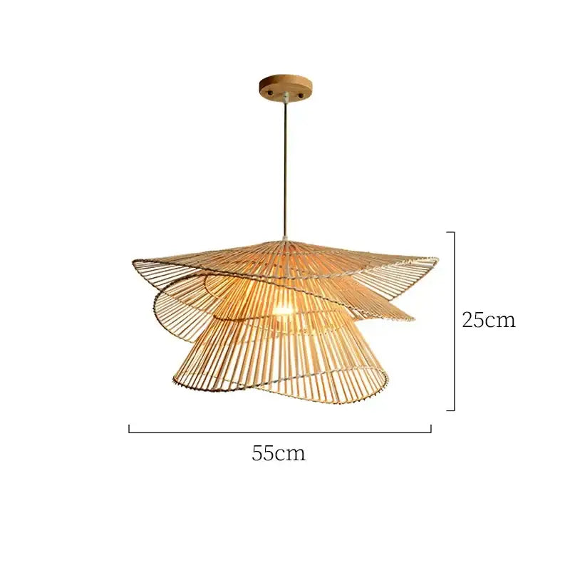 Natural woven bamboo rattan pendant light with layered fan design and warm golden hue perfect for dining room decorbites bamboo rattan pendant