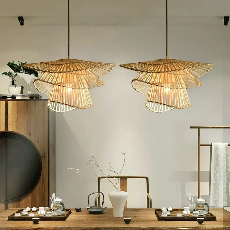Two tiered golden brown natural woven bamboo rattan pendant light with layered fan design for dining room decorbites bamboo rattan pendant