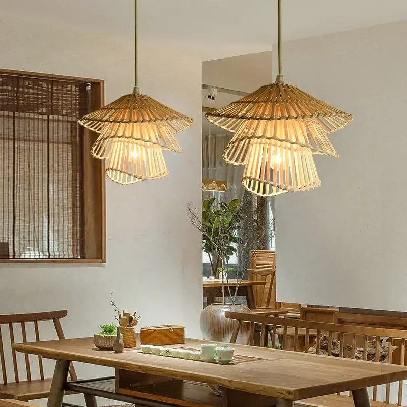 Two tiered natural-toned decorbites bamboo rattan pendant light with pagoda design for dining room decor