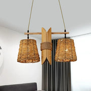 Natural woven rattan conic restaurant pendant ceiling light with beige heads and bamboo tube accent by decorbites