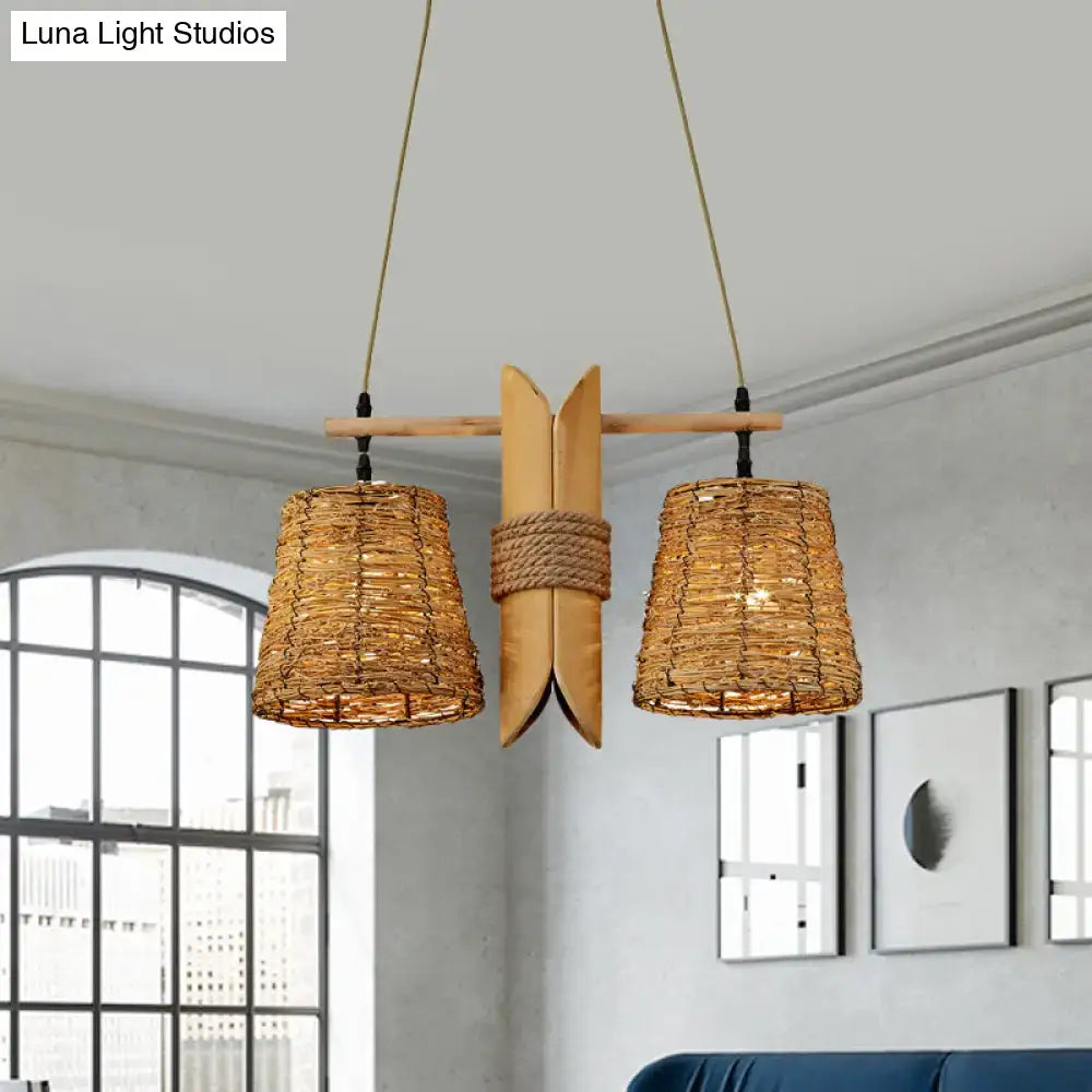DecorBites™ rattan conic restaurant pendant lamp with beige heads bamboo tube and natural woven wicker ceiling light