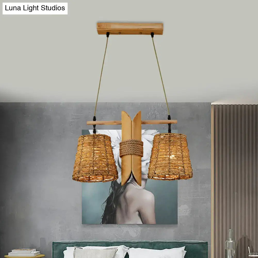 DecorBites™ rattan conic restaurant pendant lamp with natural wood, bamboo tube, and beige woven rattan ceiling light