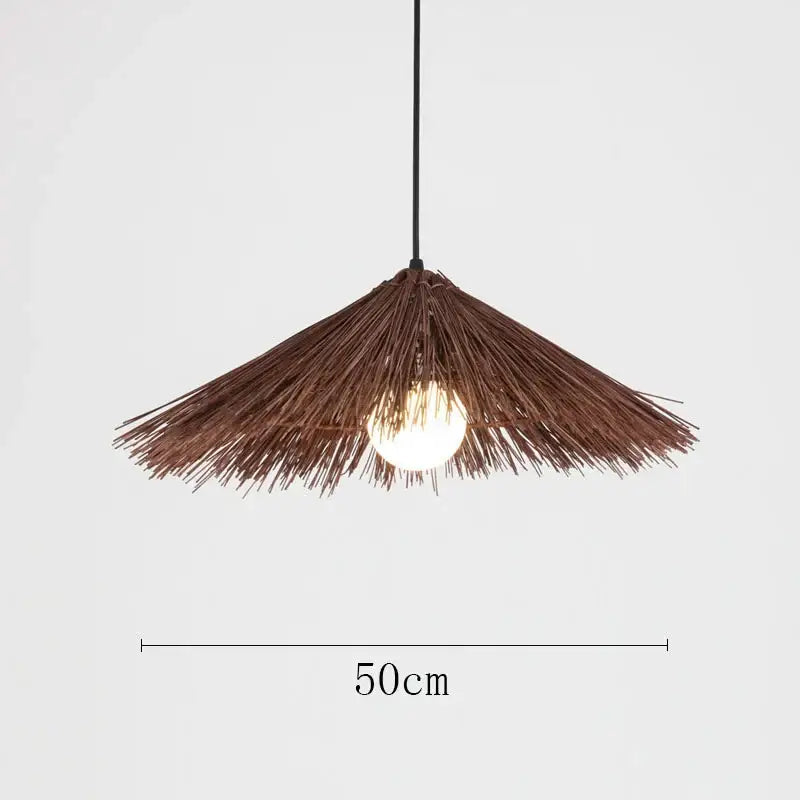 Brown thatched rattan pendant light with 50cm diameter and black cord for dining room use pendant lights