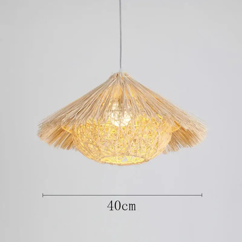 A warm-toned natural woven rattan pendant light with a conical thatched design for dining room use