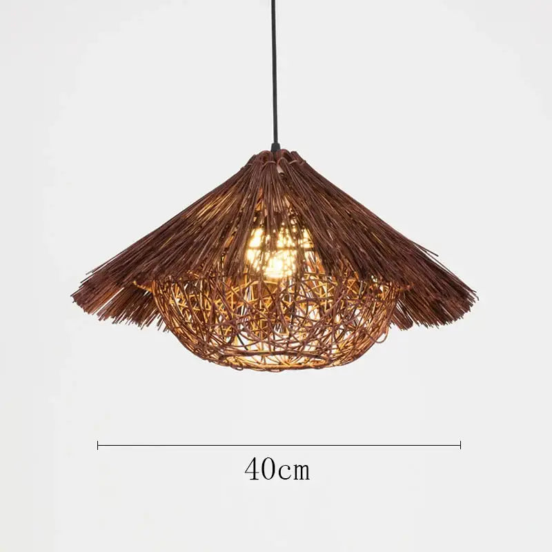 Rustic brown natural woven rattan pendant light with thatched conical top and lattice base for dining room chandelier