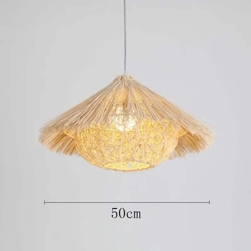 Natural woven rattan pendant light in warm golden straw with conical umbrella design for dining room lighting