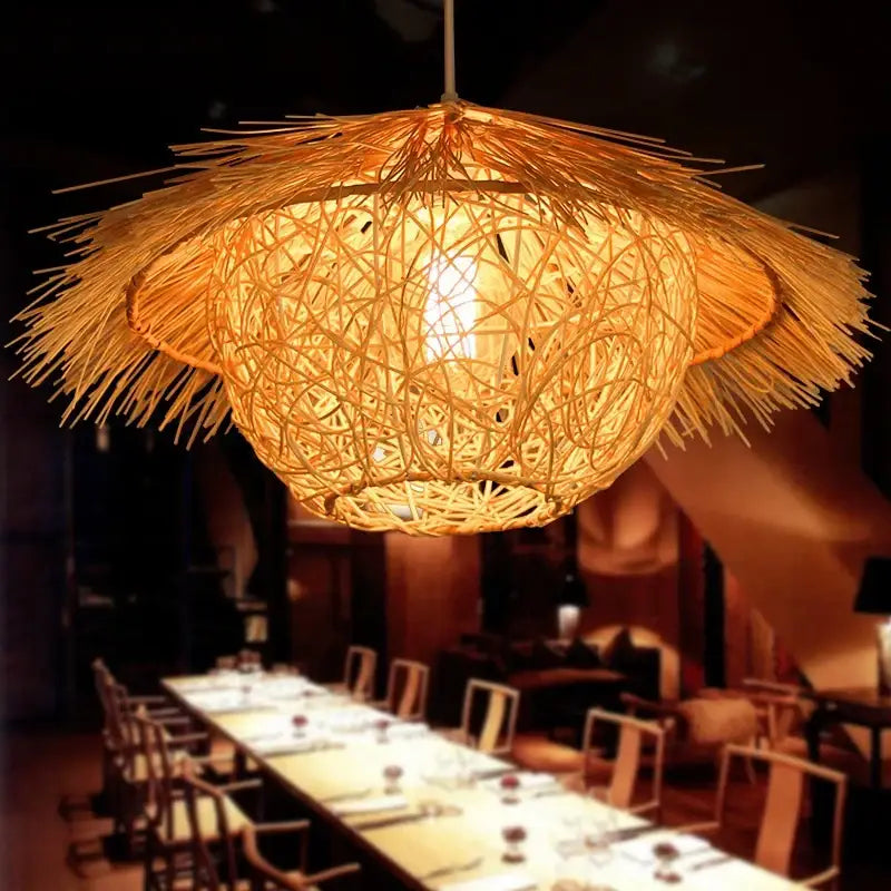 Warm-toned rattan pendant light with natural woven texture ideal for dining room pendant lights and rattan pendant decor