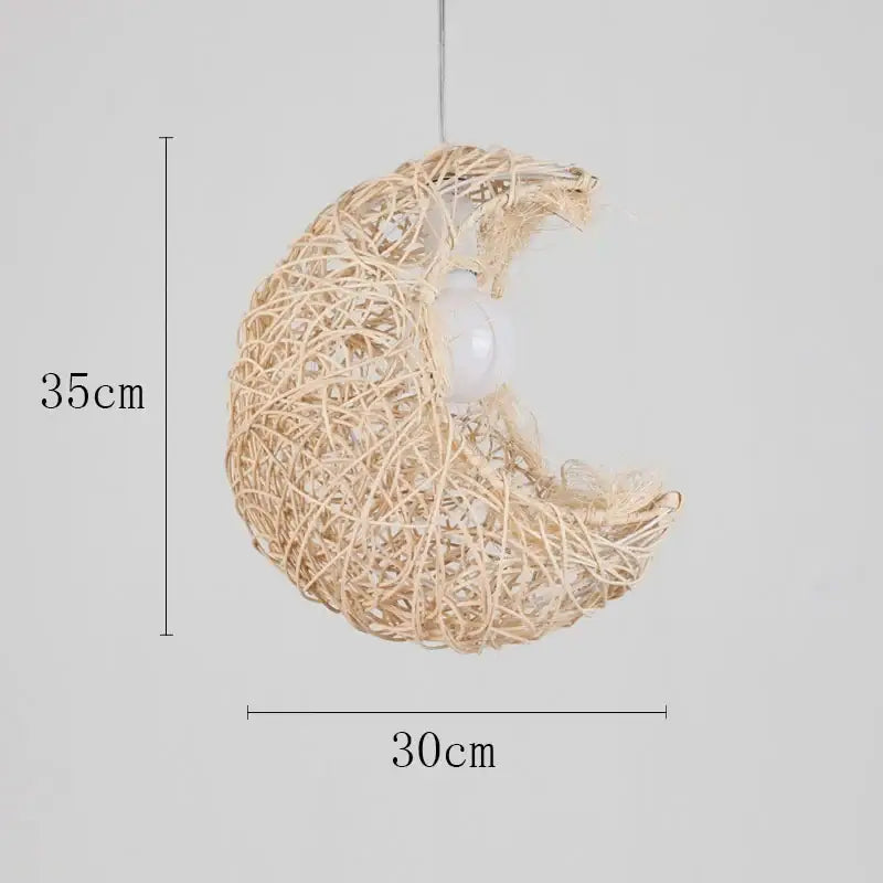 Beige intricately woven rattan pendant light in crescent moon shape with visible bulb for dining room chandelier