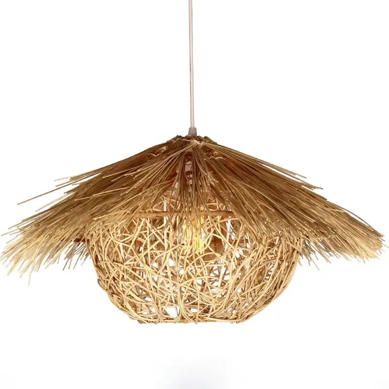 Natural woven rattan pendant light with thatched umbrella top and lattice body for dining room pendant lights