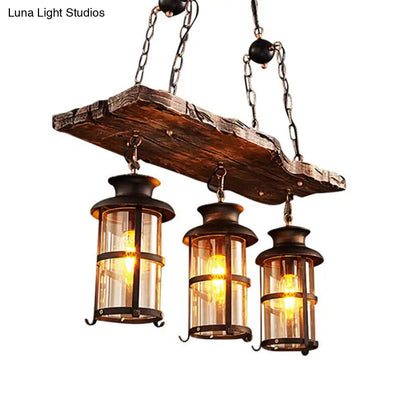 Nautical 3-Light Glass Chandelier with Wood Plank Brown Deco