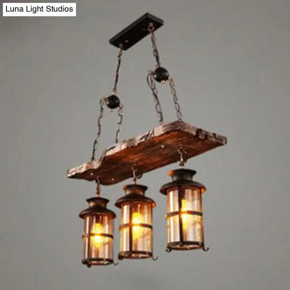 Nautical 3-Light Glass Chandelier with Wood Plank Brown Deco