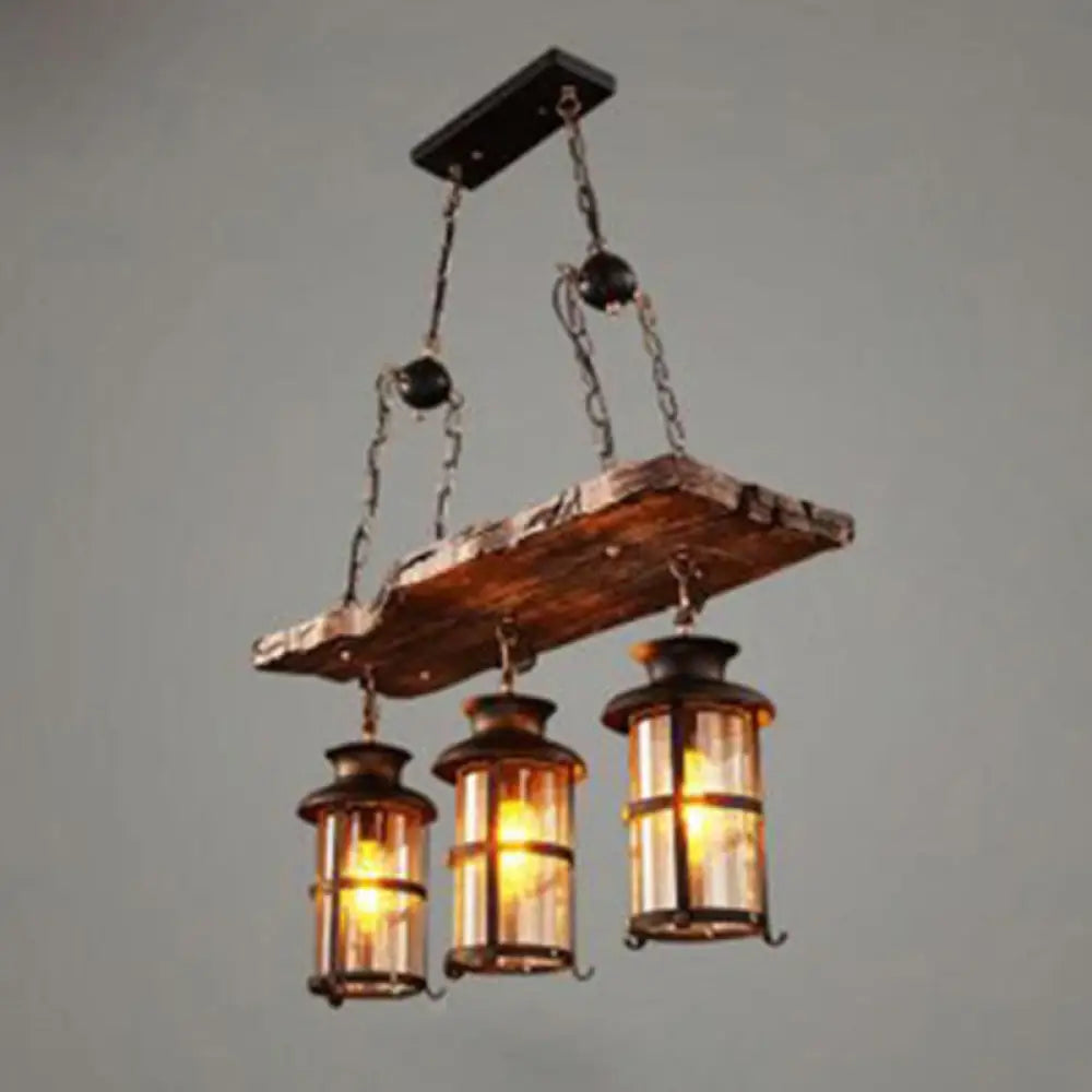 Nautical 3-Light Glass Chandelier with Wood Plank Brown Deco