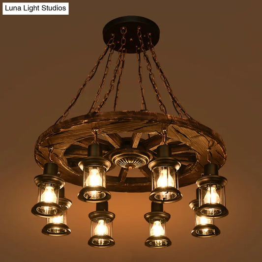 Nautical 8-Bulb Wooden Wagon Wheel Chandelier with Lantern: Dining Room Pendant Light in Brown