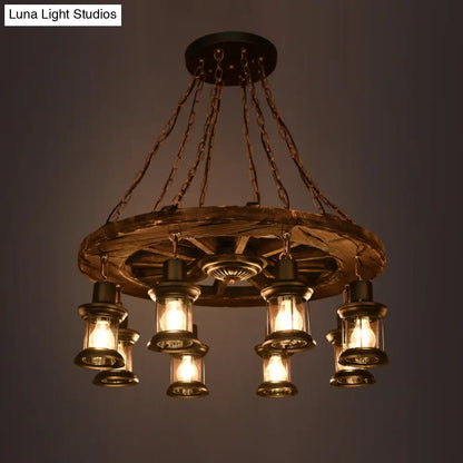 Nautical 8-Bulb Wooden Wagon Wheel Chandelier with Lantern: Dining Room Pendant Light in Brown