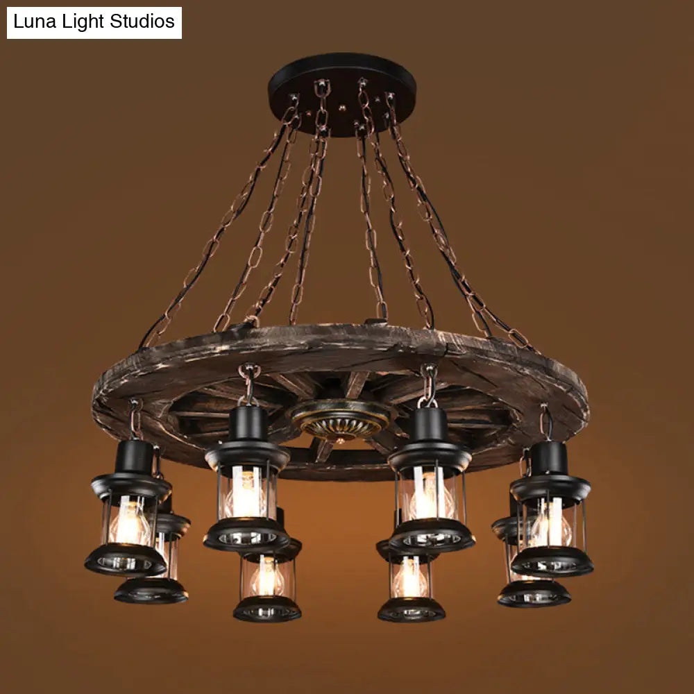 Nautical 8-Bulb Wooden Wagon Wheel Chandelier with Lantern: Dining Room Pendant Light in Brown