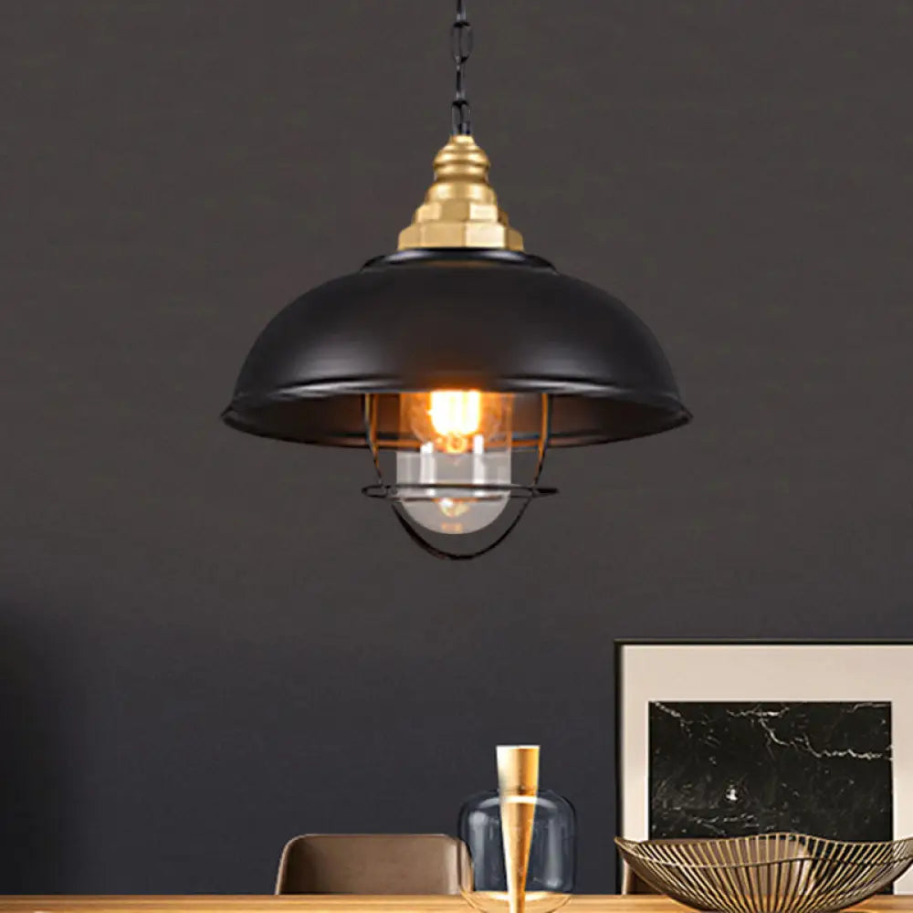 Nautical Black Bowl Suspension Lamp with Metallic Wire Cage - Perfect for Restaurant Ceilings