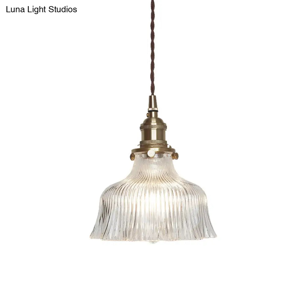 Nautical Brass Pendant Lamp - Clear Glass, Pleated Design, 1-Light Ceiling Fixture for Restaurants