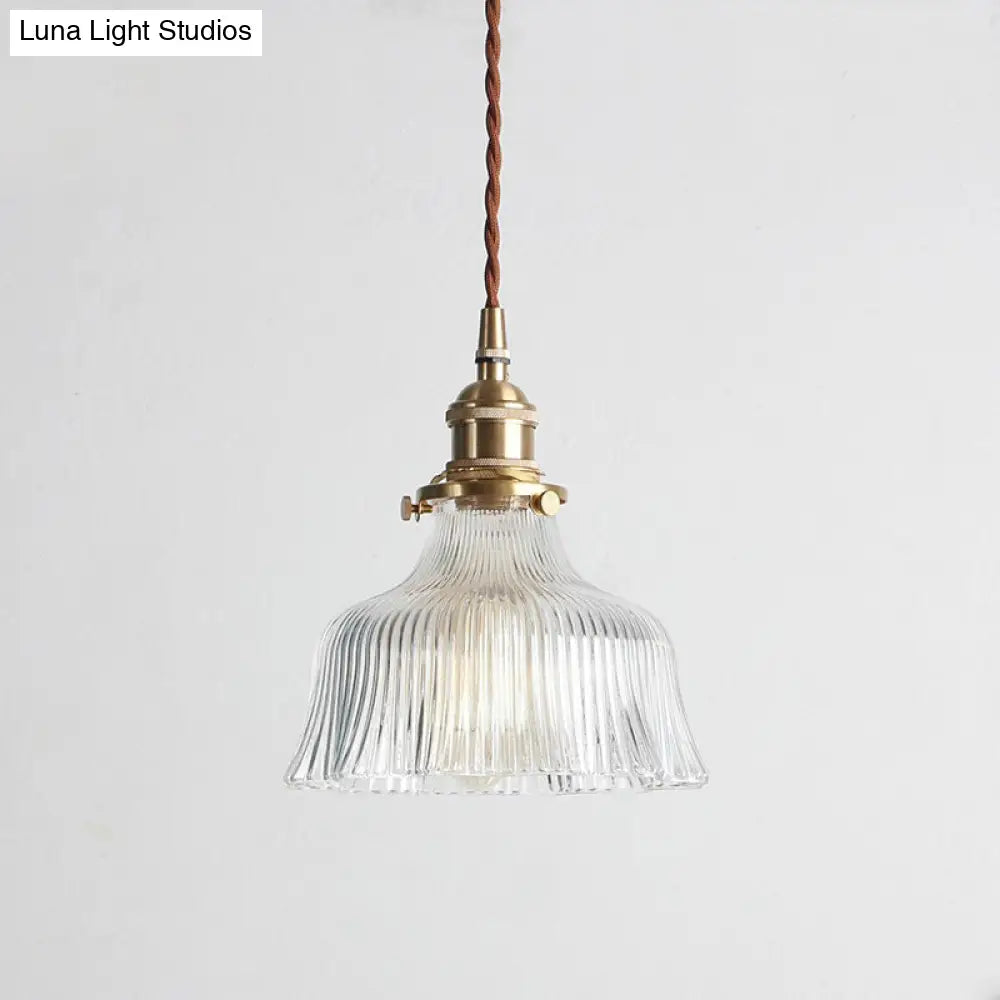 Nautical Brass Pendant Lamp - Clear Glass, Pleated Design, 1-Light Ceiling Fixture for Restaurants