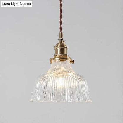 Nautical Brass Pendant Lamp - Clear Glass, Pleated Design, 1-Light Ceiling Fixture for Restaurants