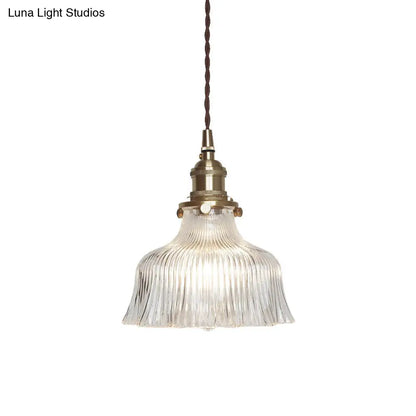 Nautical Brass Pendant Lamp - Clear Glass, Pleated Design, 1-Light Ceiling Fixture for Restaurants