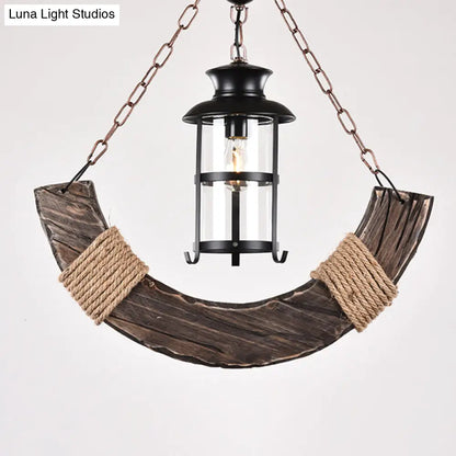 Nautical Brown Glass Pendant Lamp with Arch Wood Deco - Cylindrical 1-Bulb Hanging Light