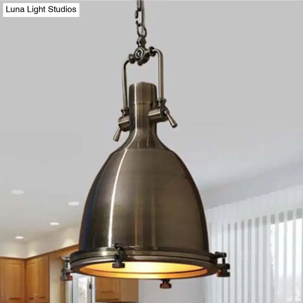 Nautical Brushed Brass Bell Pendant Light with Glass Diffuser - Dining Room Ceiling Fixture