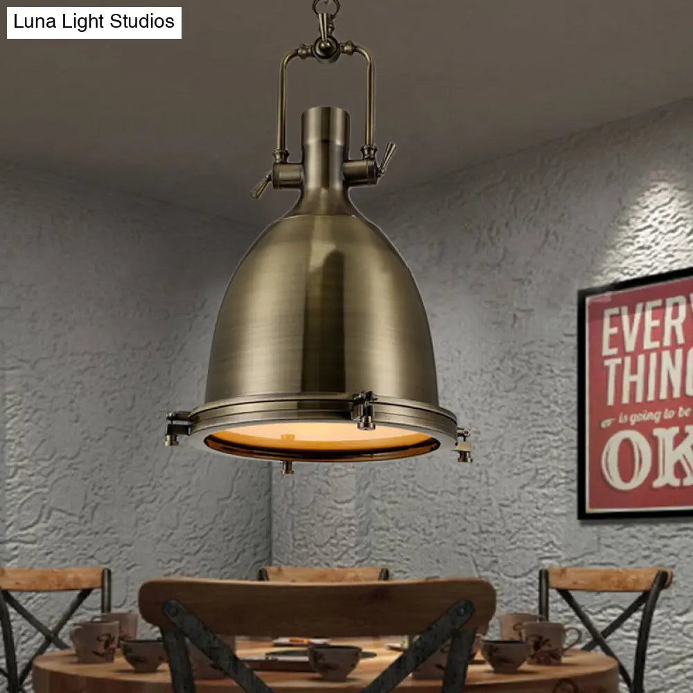 Nautical Brushed Brass Bell Pendant Light with Glass Diffuser - Dining Room Ceiling Fixture