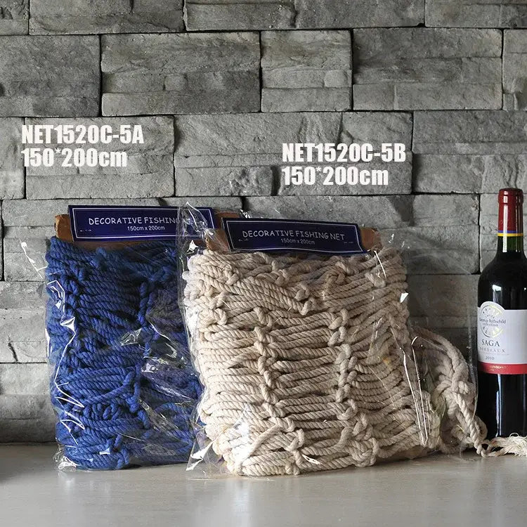 Nautical deep blue decorative fishing nets in navy and beige with seashells for bedroom decor measuring 150cm x 200cm