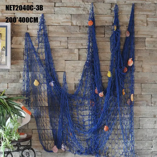 Nautical deep blue decorative fishing net with seashells hanging as wall decor for bedroom decorative fishing display
