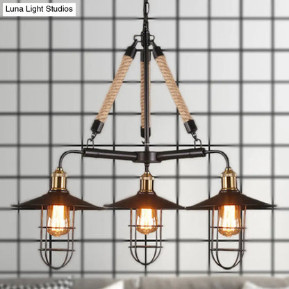 Nautical Flared Chandelier: 3-Head Metal Ceiling Light with Rope - Black Restaurant Fixture